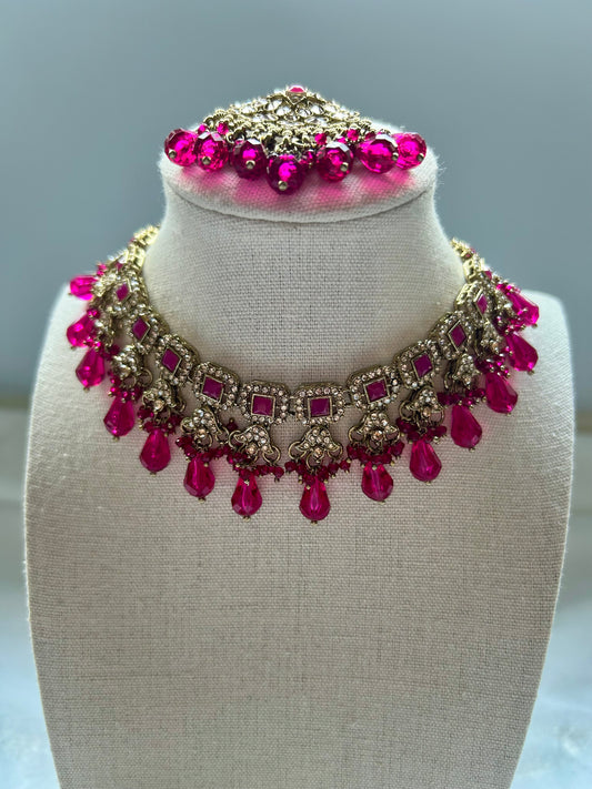 Hot Pink Polki Choker Tikka Set