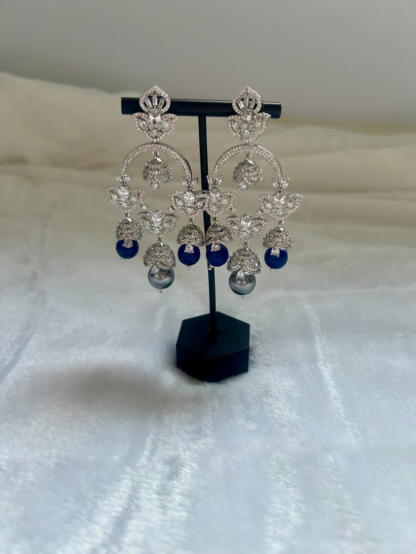Grey & Dark Blue Chandbali Earrings