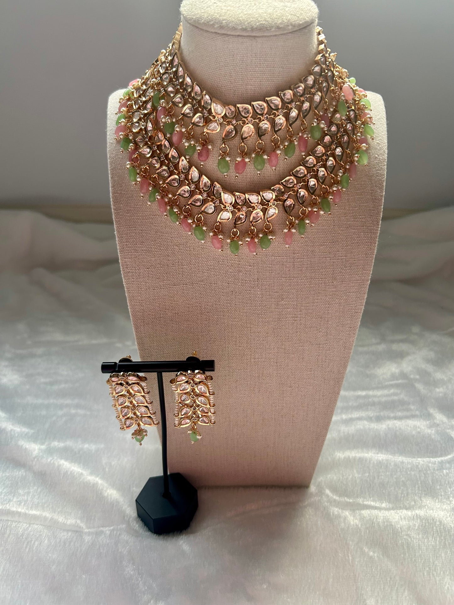 Pink & Mint Tyaani Kundan Double Layer Necklace Set