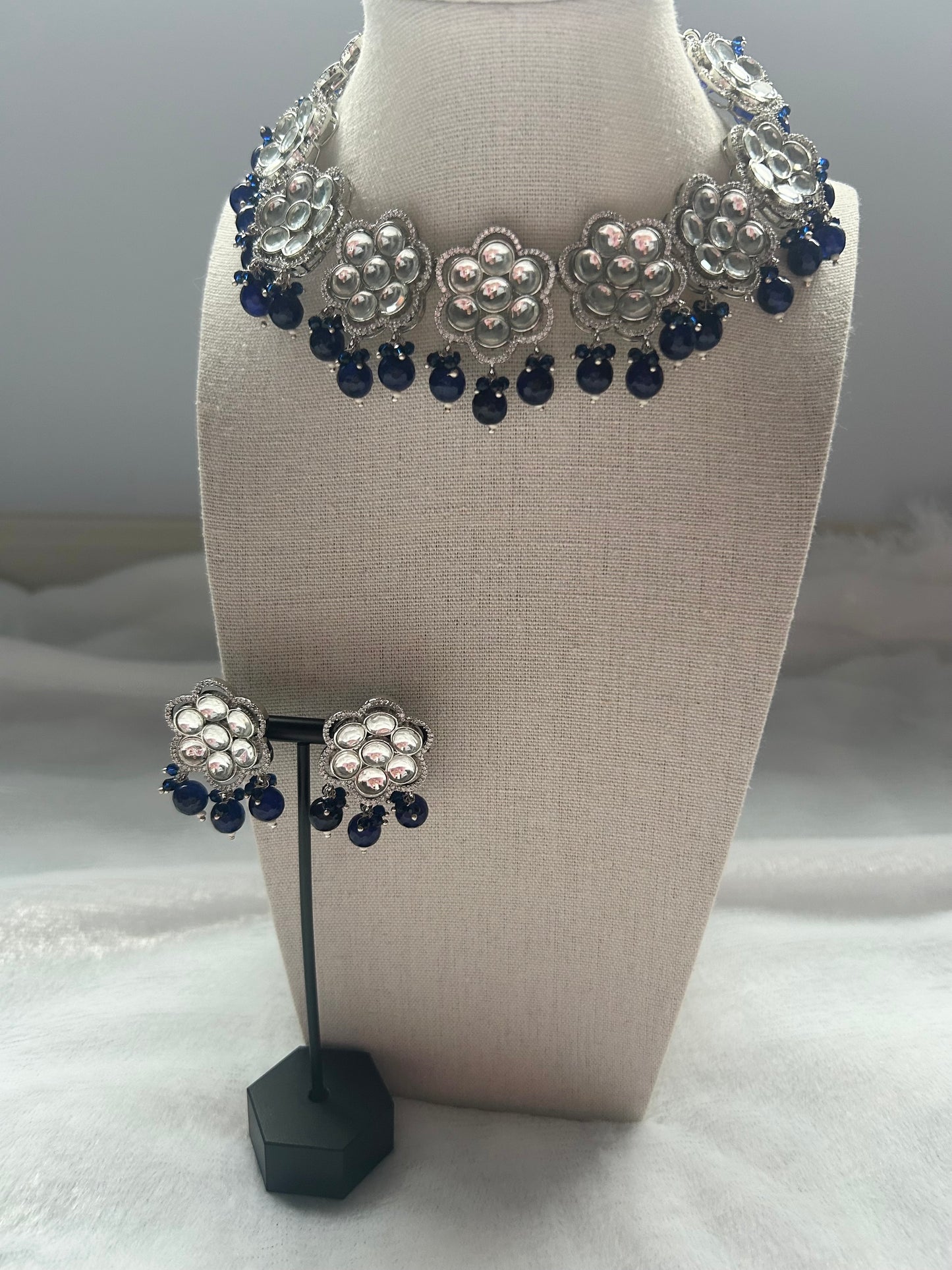 Navy Blue Uncut & AD Kundan Necklace Set