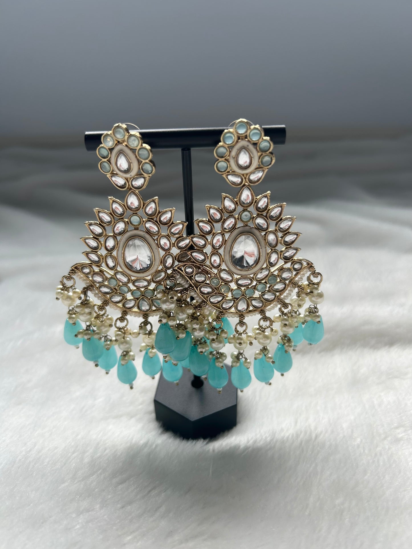 Oversized Blue Kundan Earrings