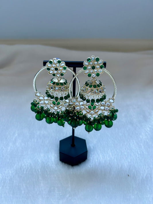 2 in 1 Bottle Green Kundan Waliyaan Jhumka Earrings