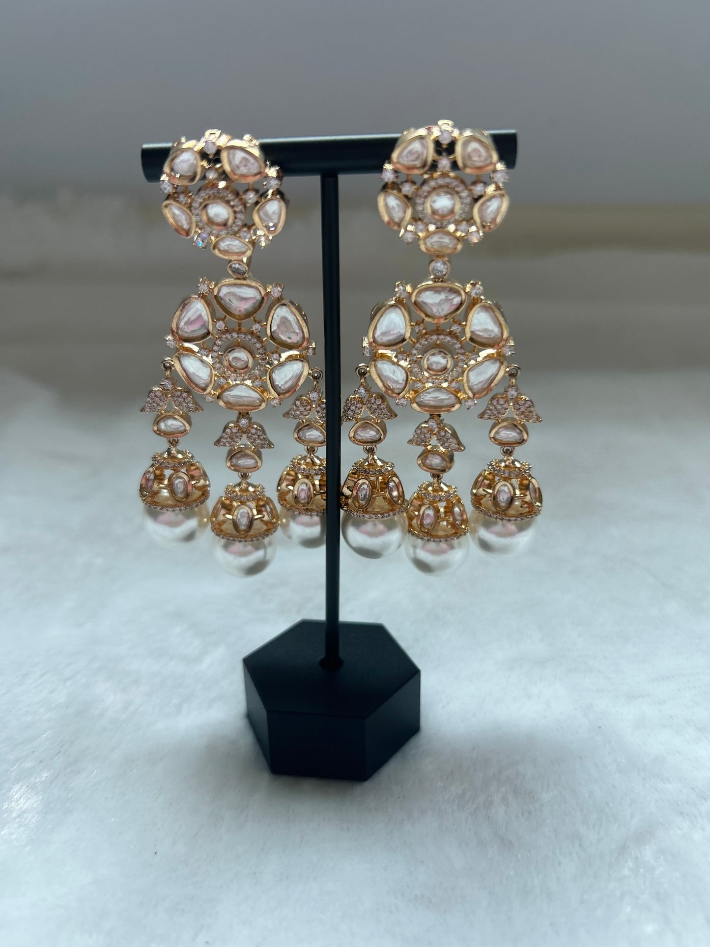 AD & Uncut Kundan 3 Pearl Drop Earrings