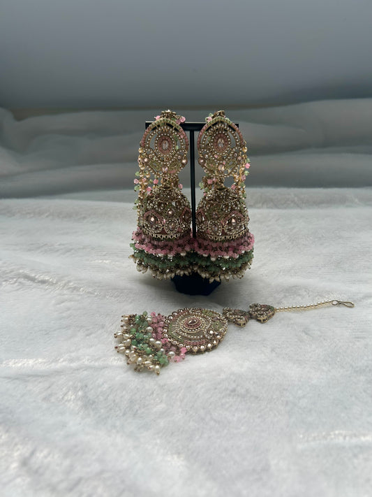 Mint & Pink Polki Sahara Jhumki Tikka Set