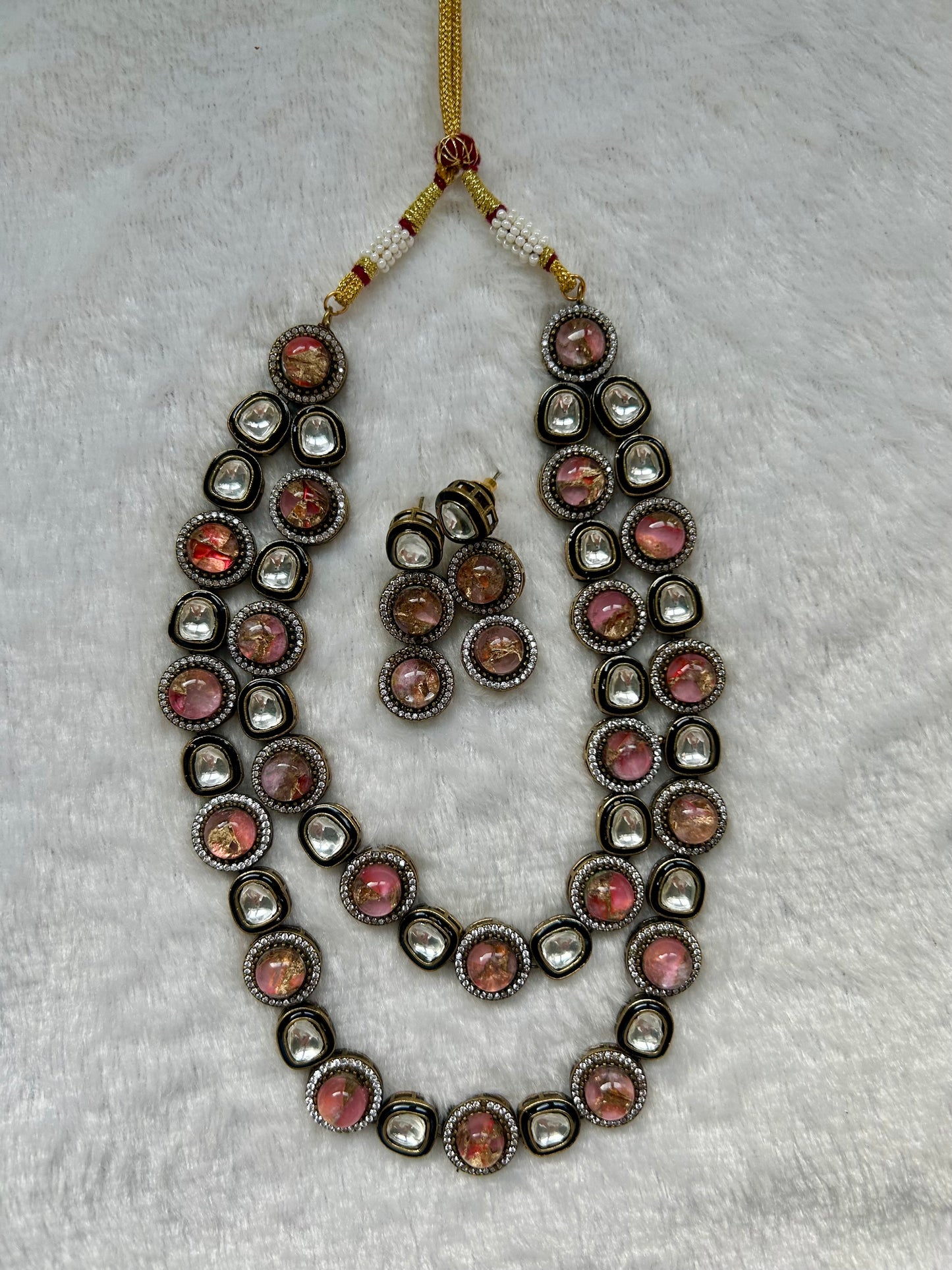 Pink Orange Marble Kundan Layered Set