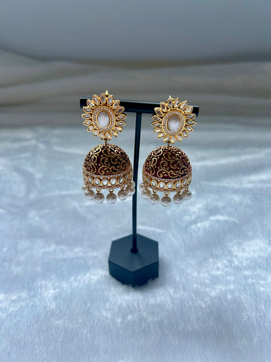 Red Gold Crafted Jhumki Earrings