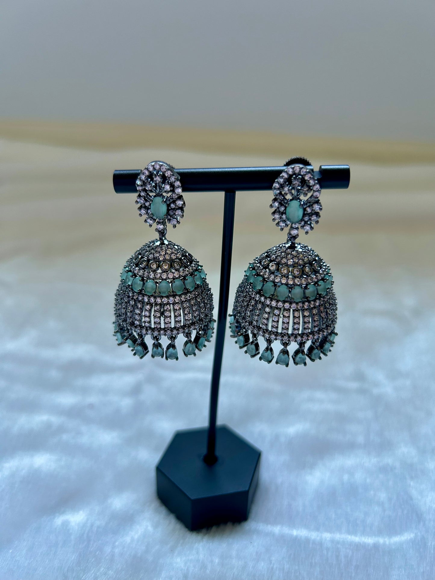 AD Oxidized Mint Jhumka Earrings