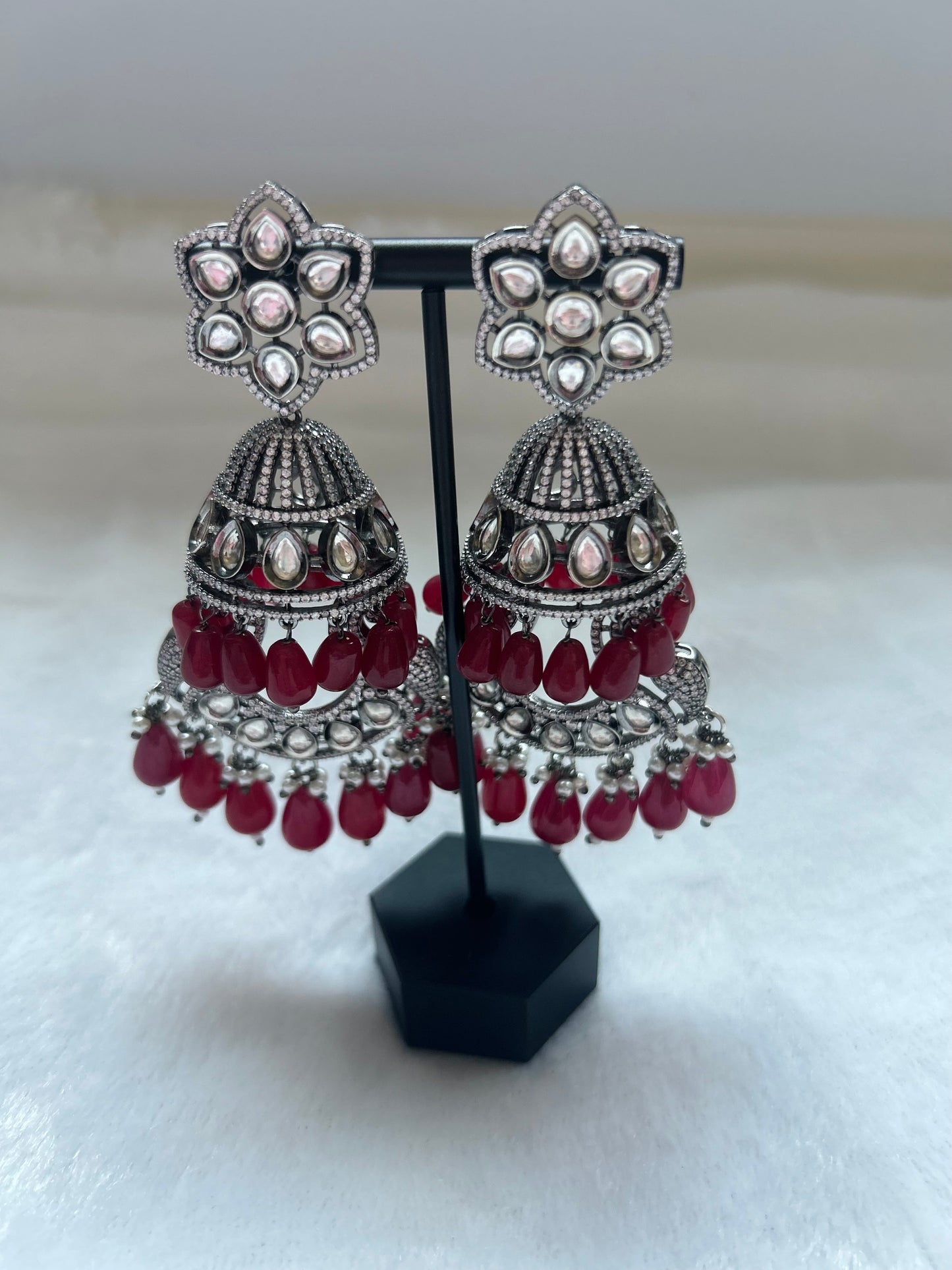 AD & Uncut Kundan Red Jhumki Earrings