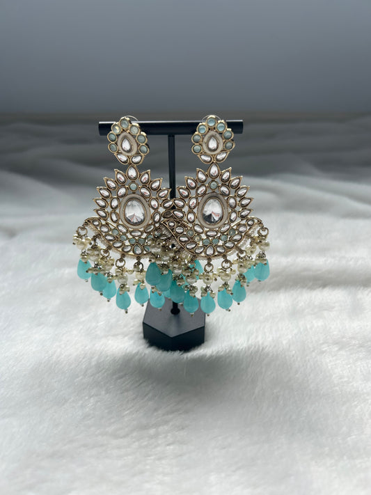 Oversized Blue Kundan Earrings