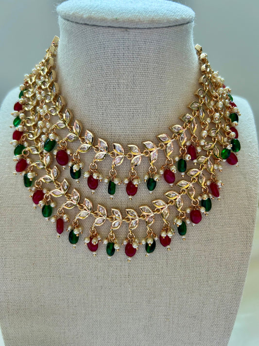 Emerald Green & Hot Pink Tyaani Kundan 2 Layer Necklace Set