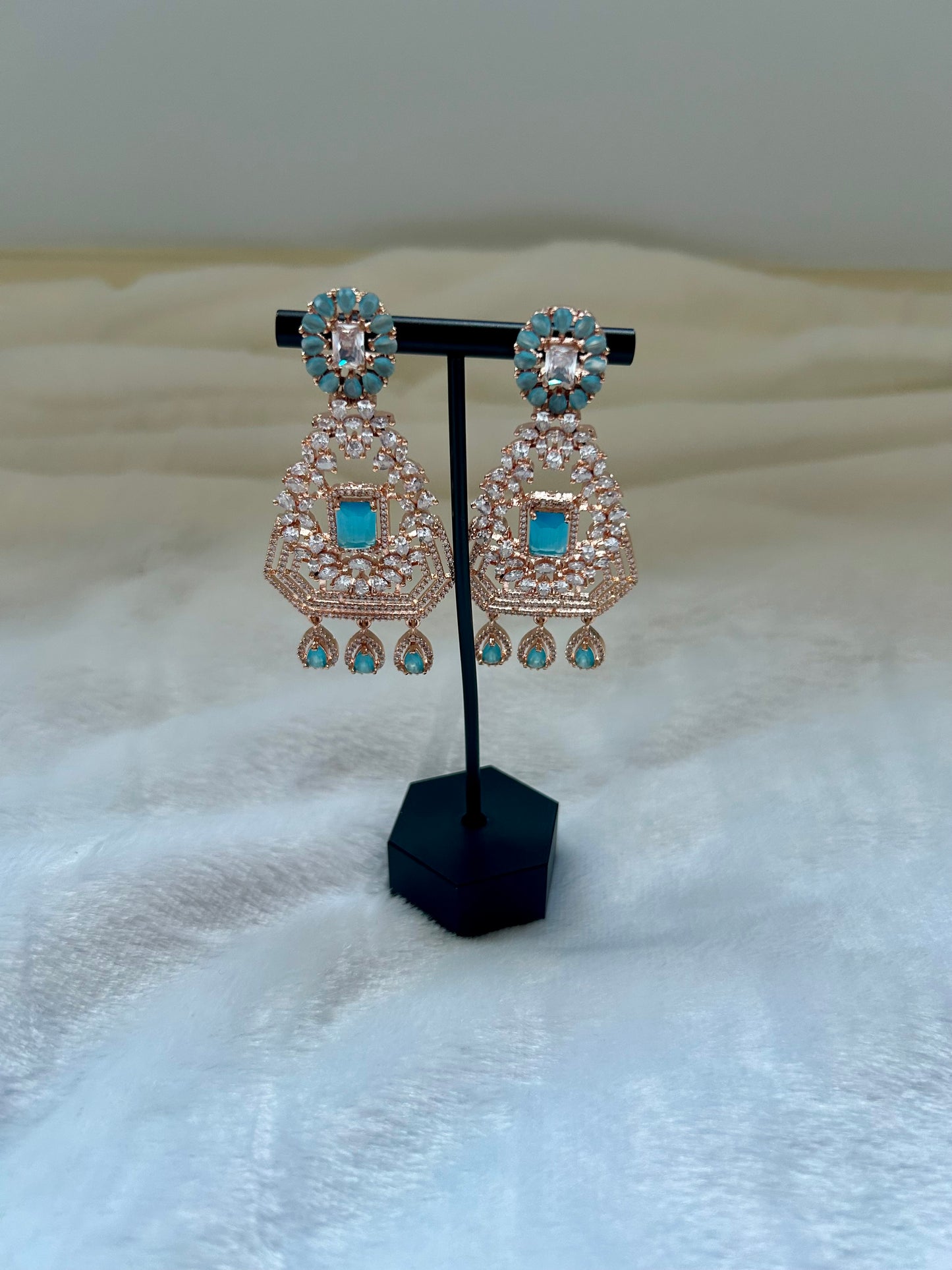 Rose Gold & Ferozi Blue AD Earrings