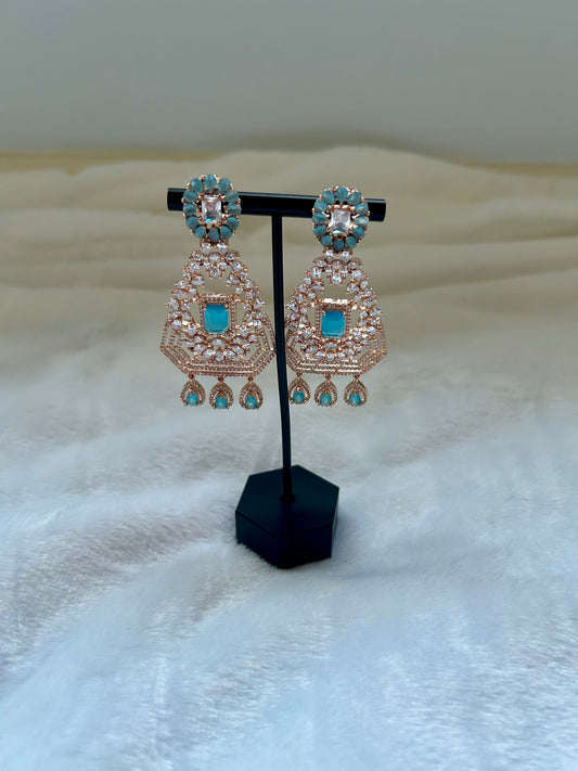 Rose Gold & Ferozi Blue AD Earrings