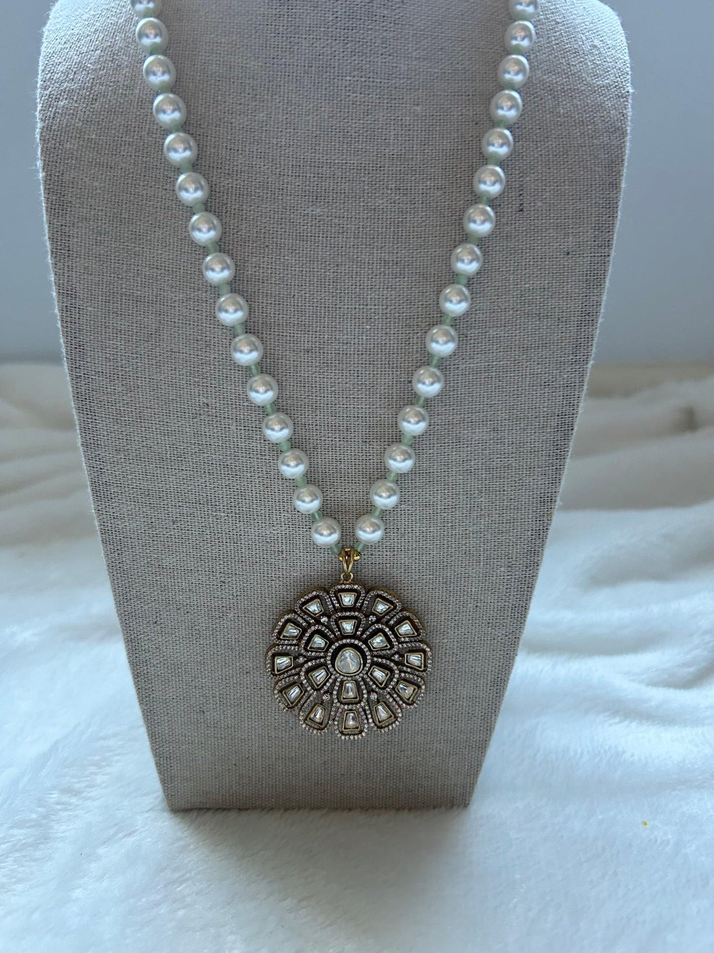 White & Mint Moissanite Kundan Mala Set