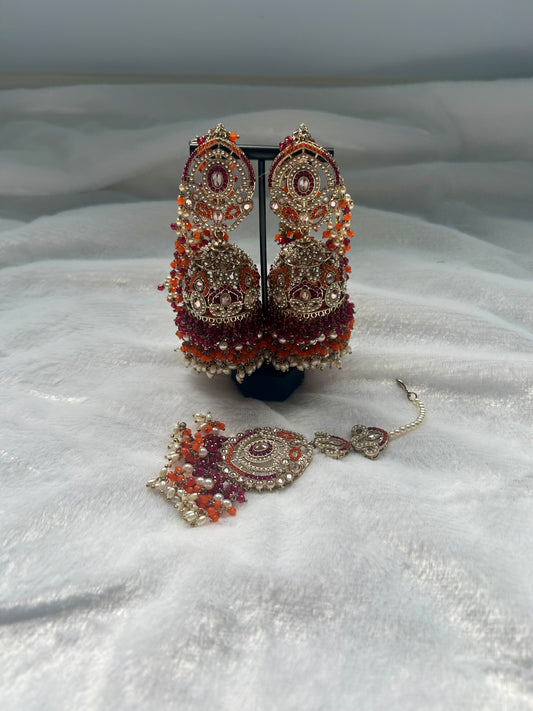 Red & Orange Polki Sahara Jhumki Tikka Set