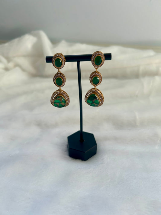 Emerald Green Moissanite Kundan & Marble Earrings