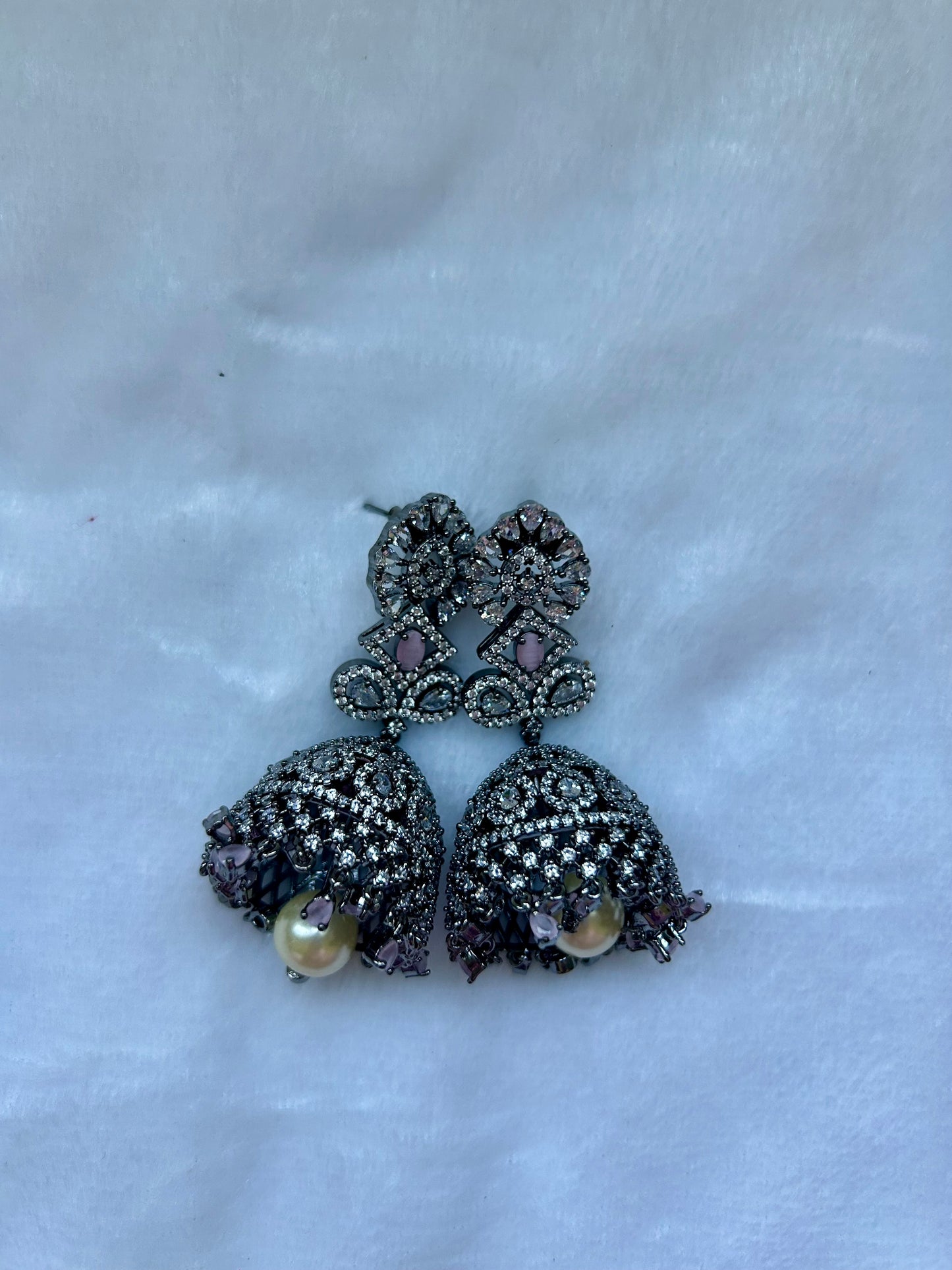 AD Oxidized Pink Jhumka Earrings