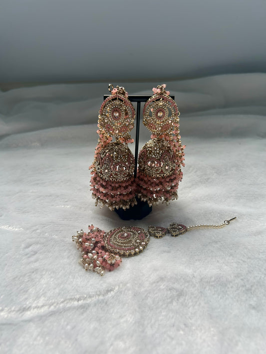 Pink Polki Sahara Jhumki Tikka Set