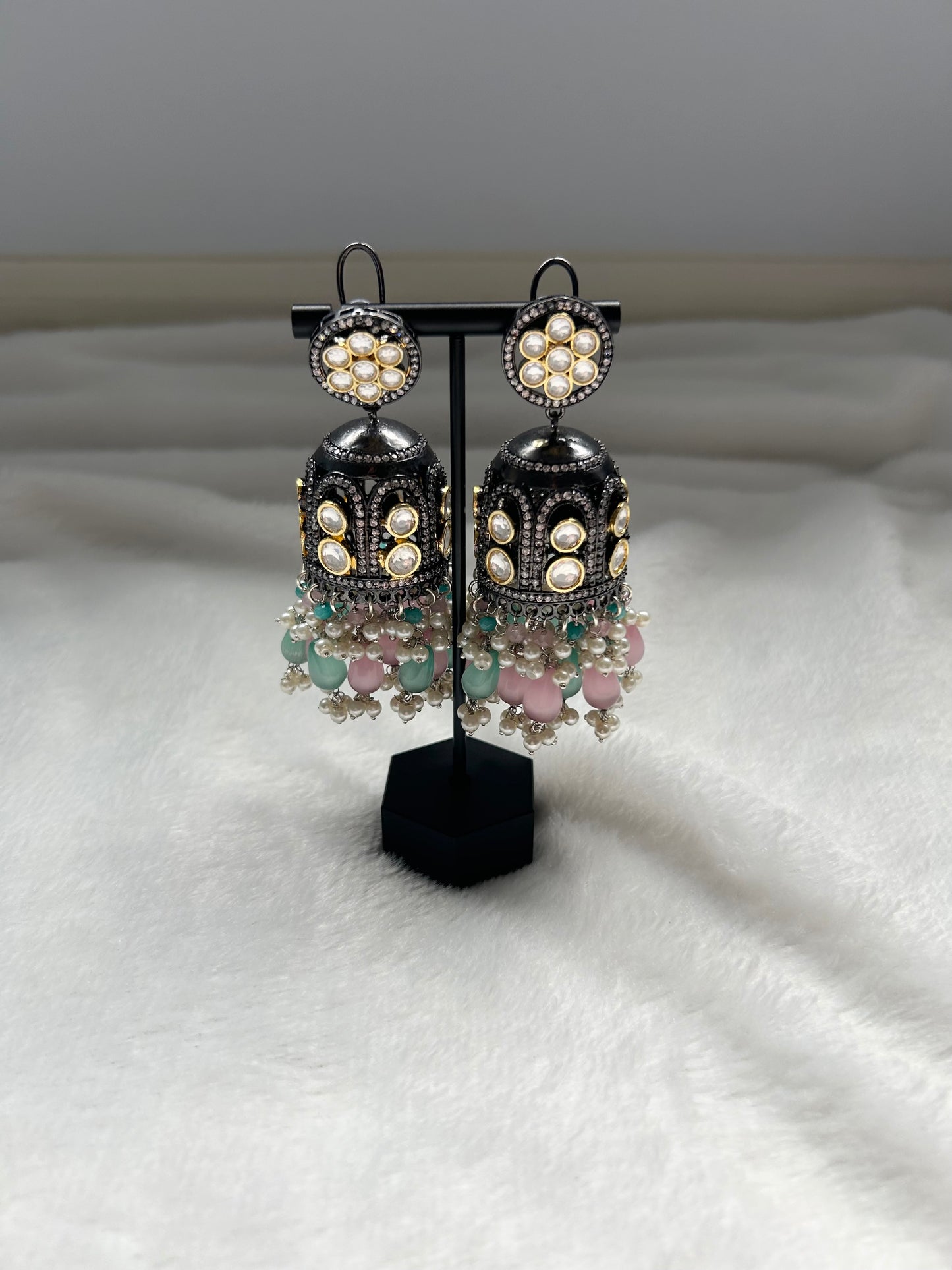 Oversized Mint & Pink Jhumki Earrings