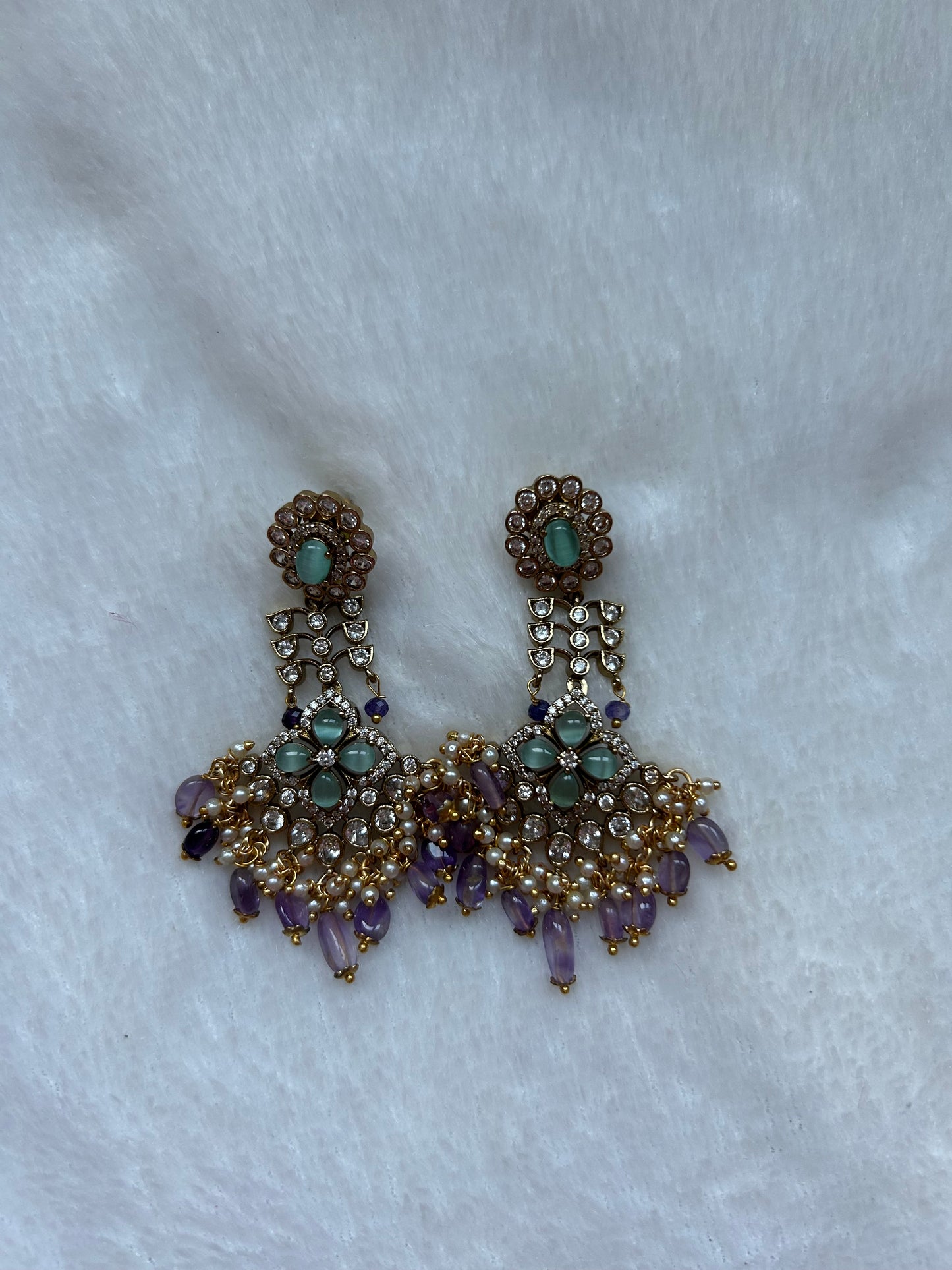 Mint & Purple Kundan and AD Earrings