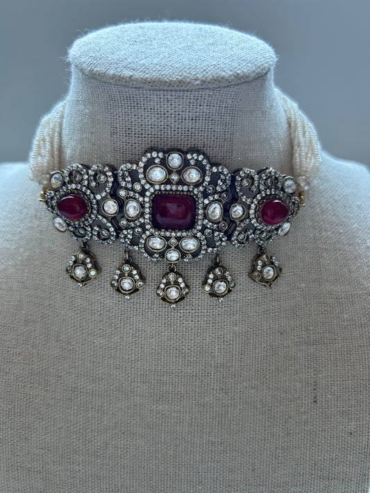 Red Moissanite Kundan Choker Set