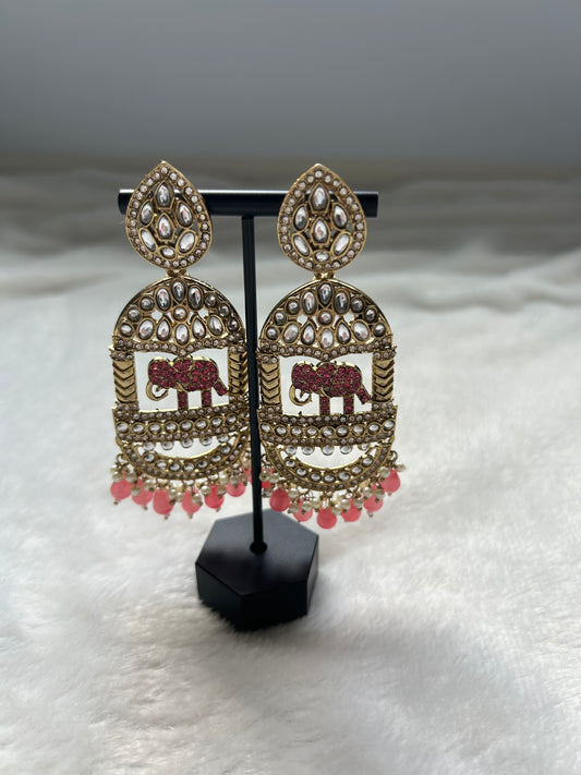 Oversized Orange Pink Elephant Kundan Earrings