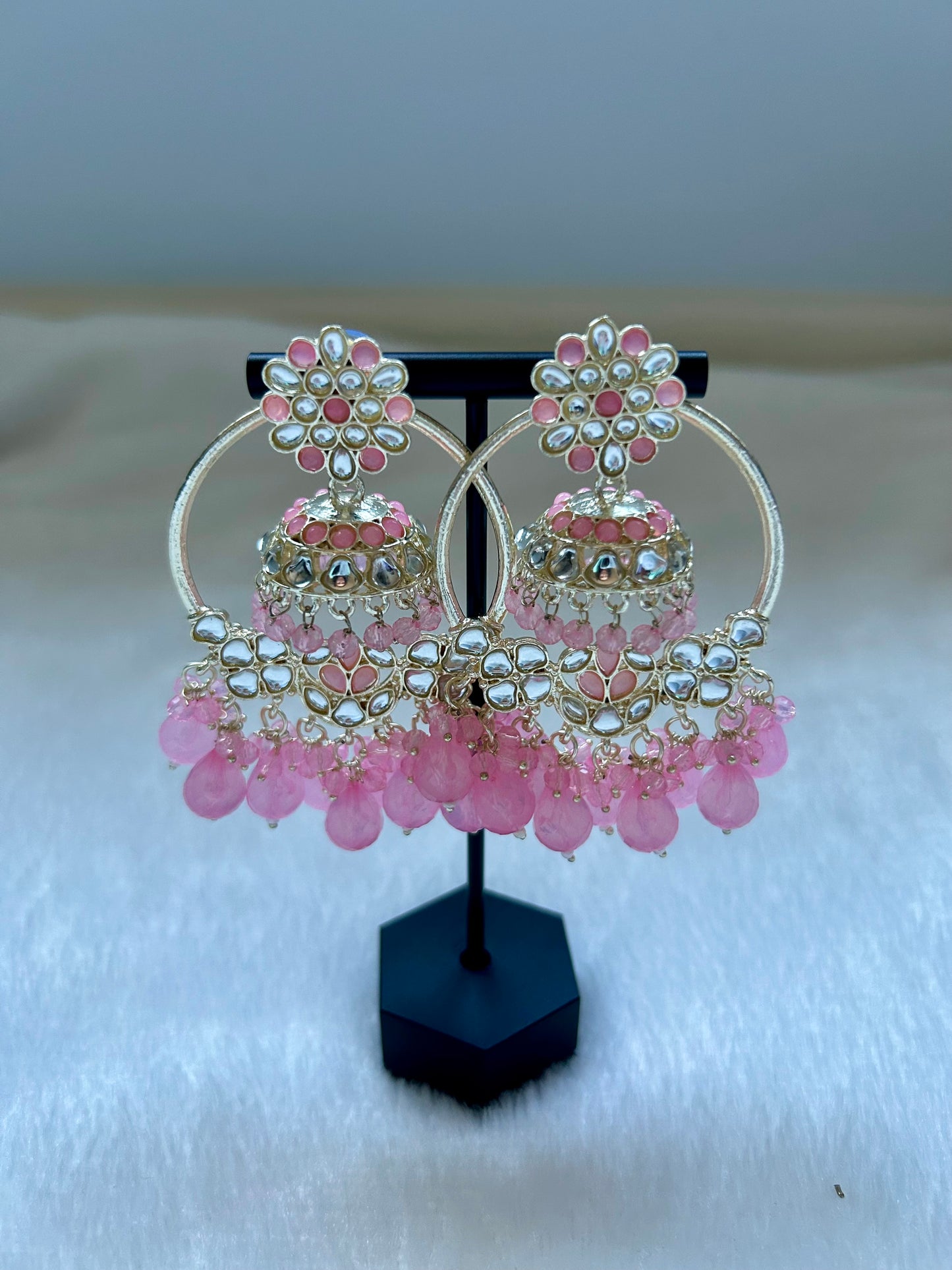 2 in 1 Pink Kundan Waliyaan Jhumka Earrings