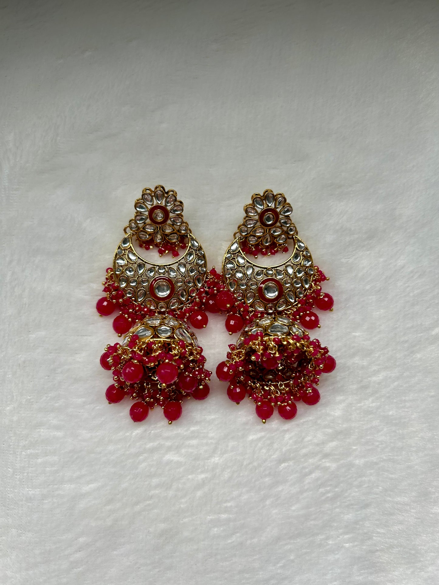 Hot Pink Kundan Jhumka Earrings