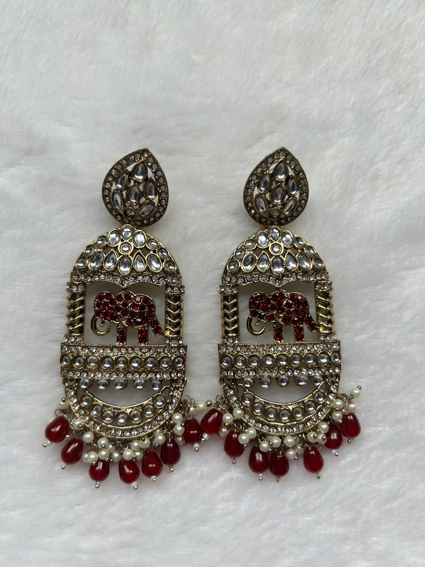 Oversized Red Elephant Kundan Earrings