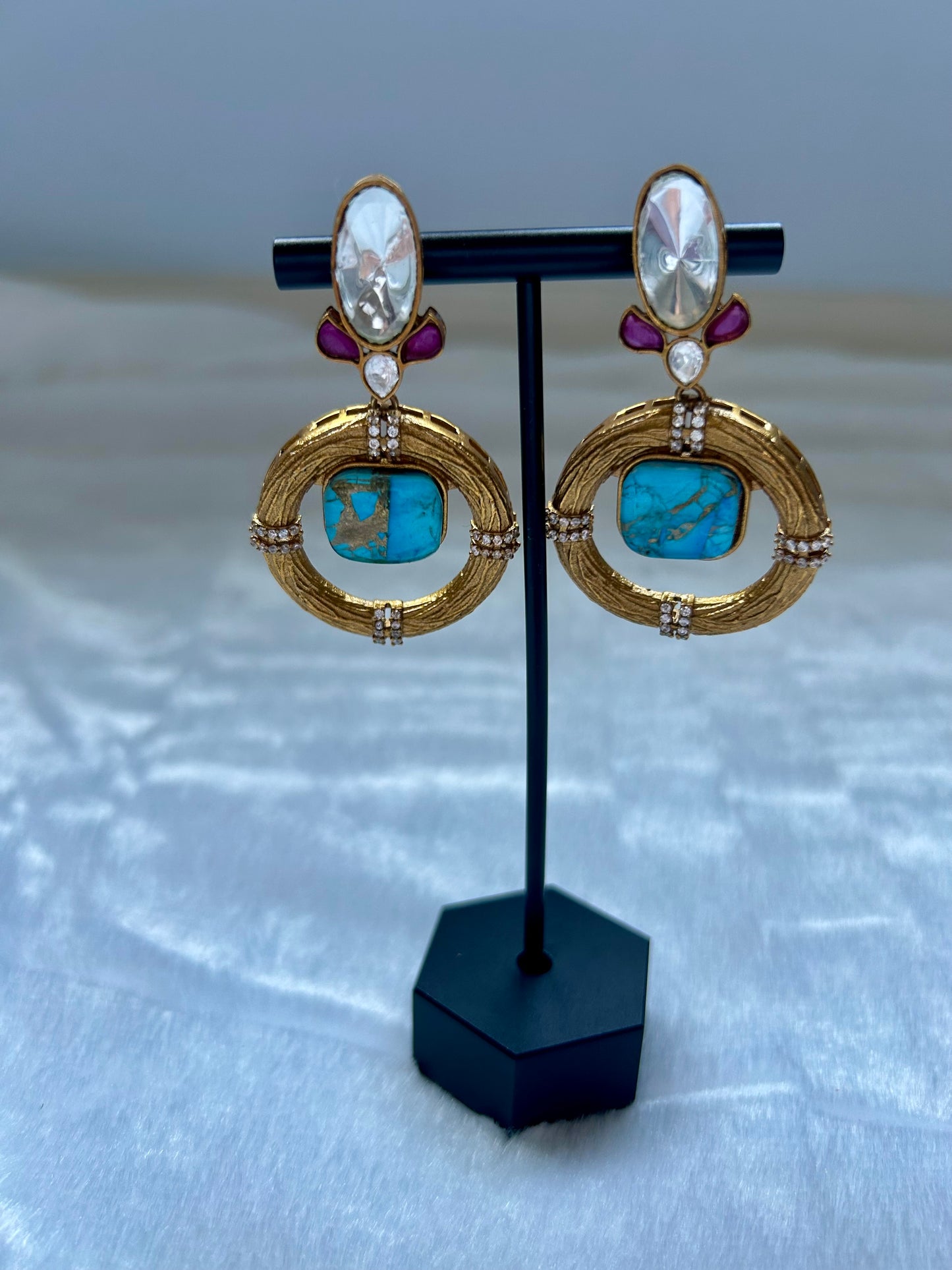 Ferozi Blue Marble Uncut Kundan Earrings