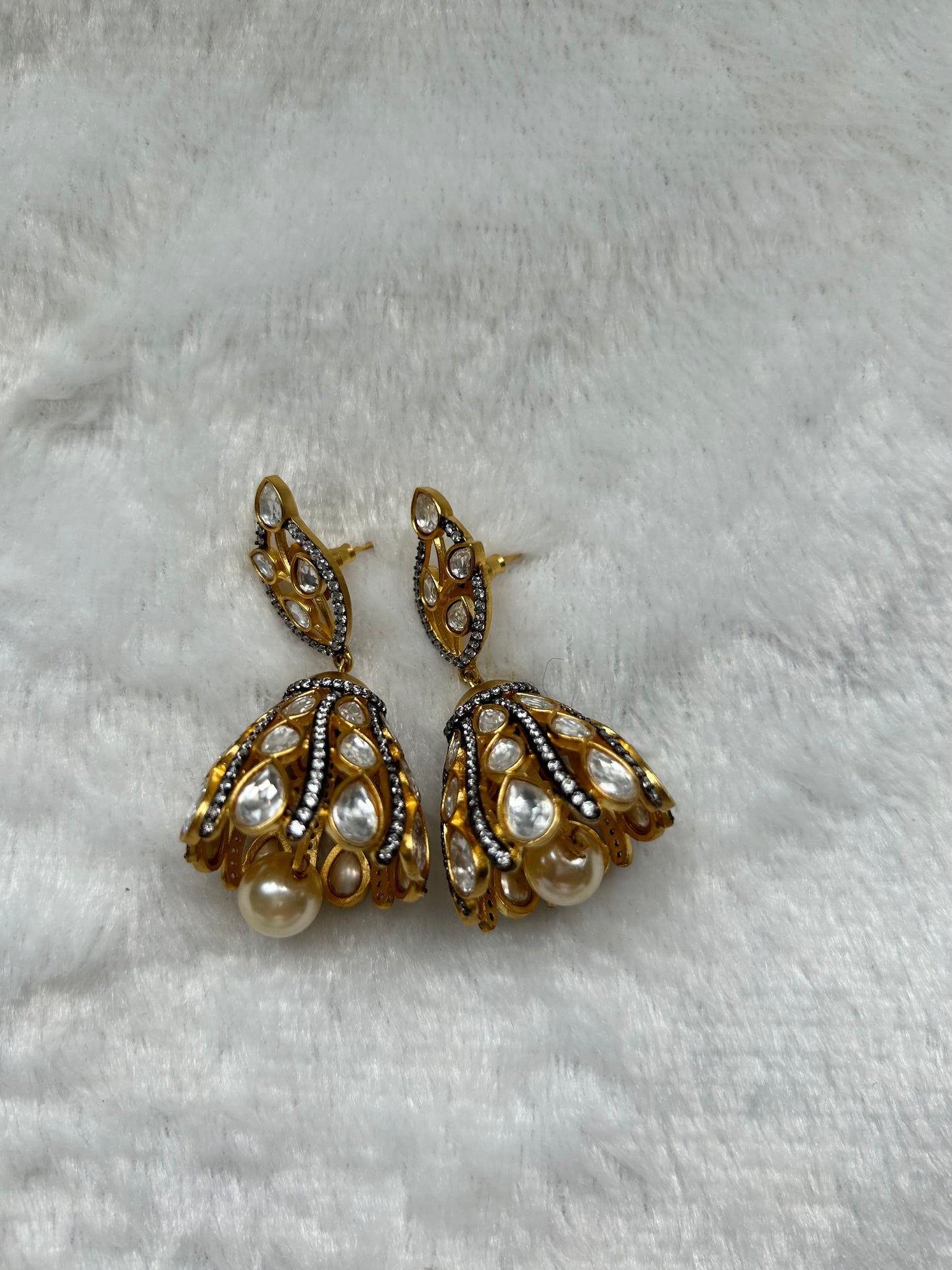 Gold & Black Uncut Kundan Jhumkis