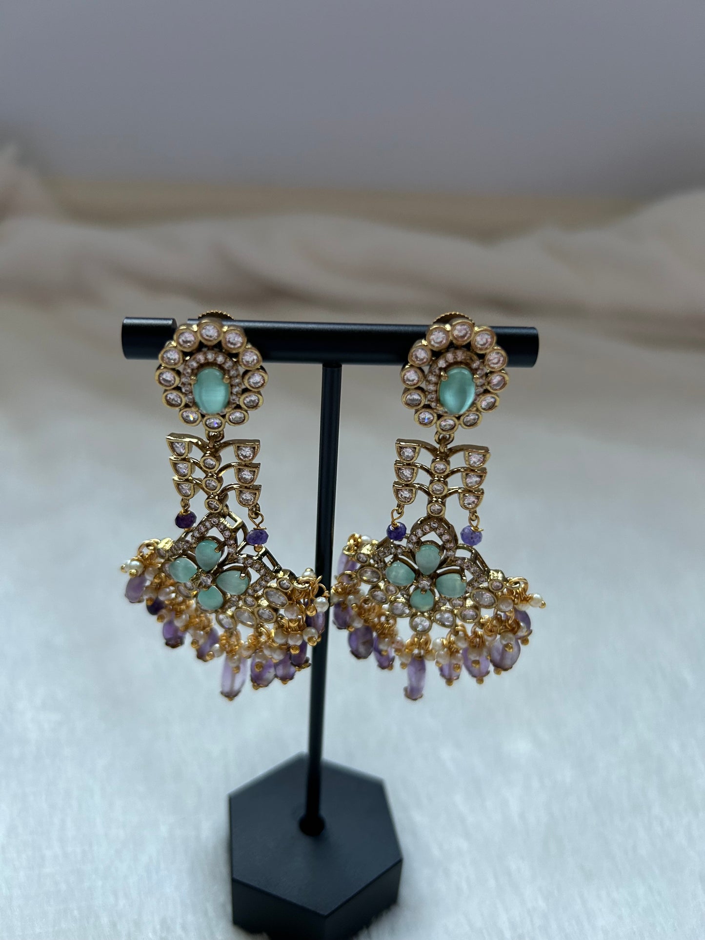 Mint & Purple Kundan and AD Earrings