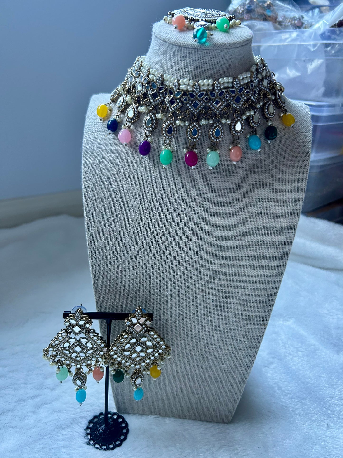 Multi Color Mirror Choker Tikka Set