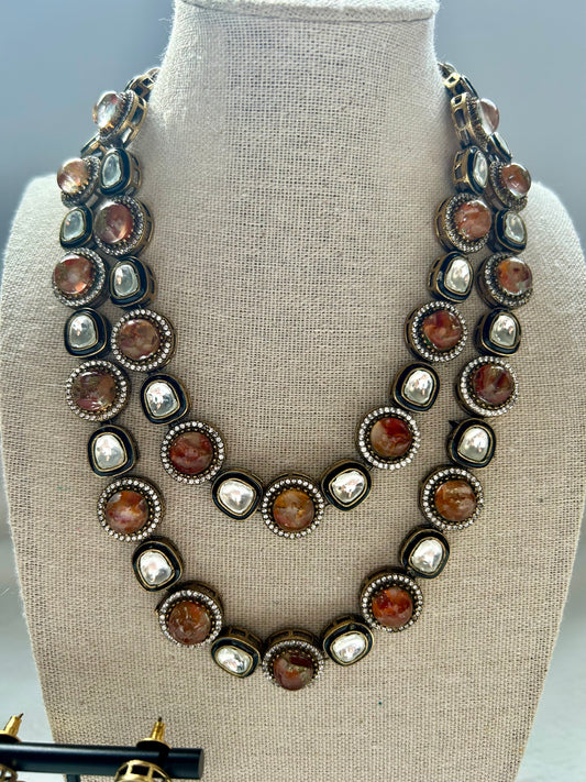 Red Orange Marble Kundan Layered Set