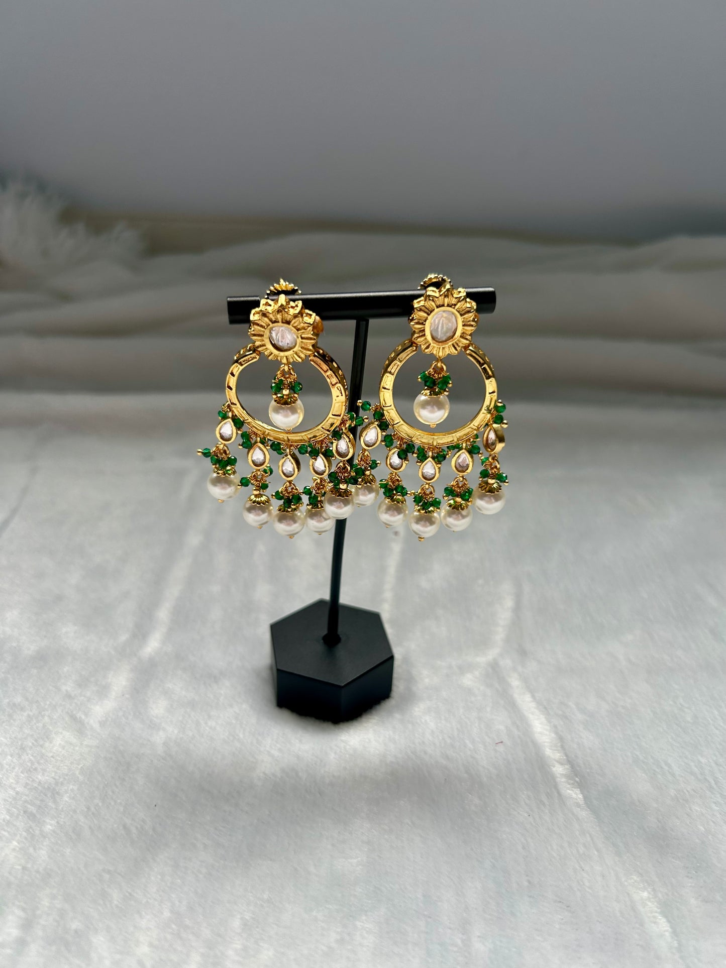 Emerald Green Gold Crafted Chandbali Earrings