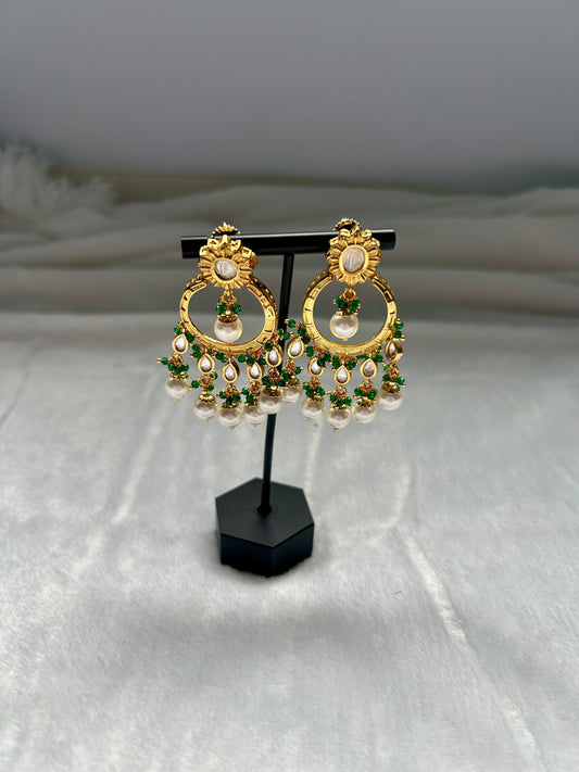 Emerald Green Gold Crafted Chandbali Earrings