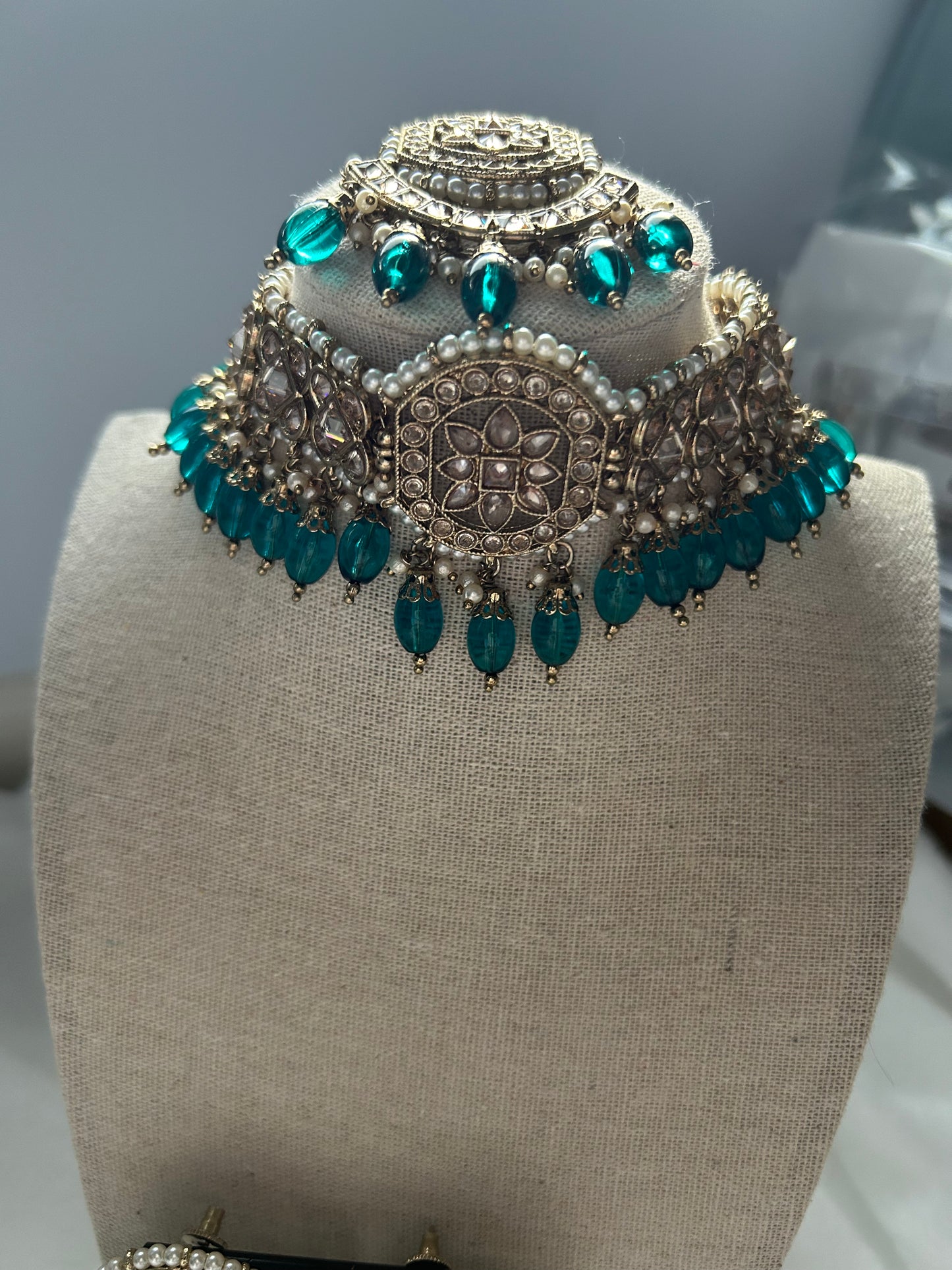 Teal Polki Choker Tikka Set