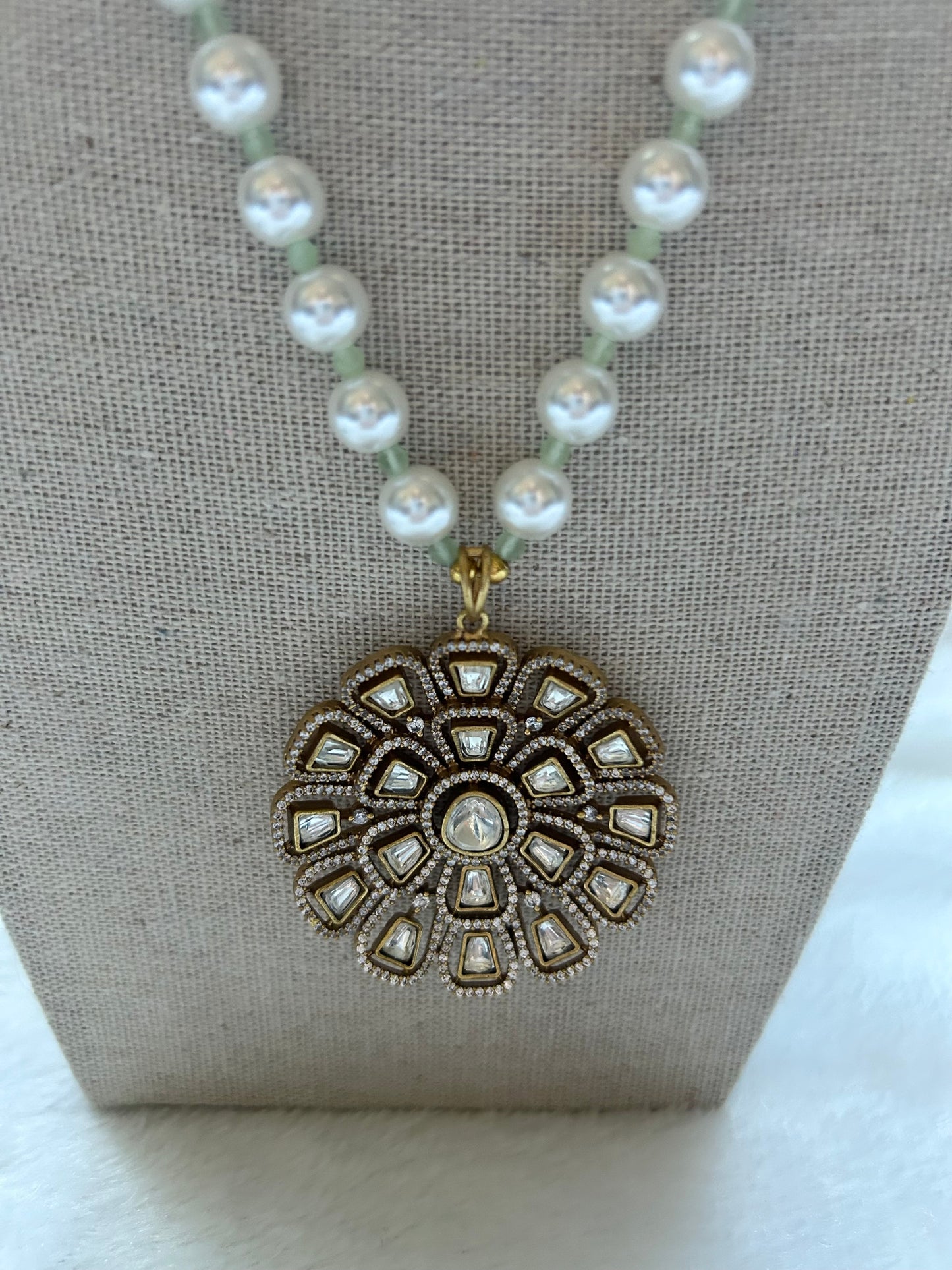 White & Mint Moissanite Kundan Mala Set