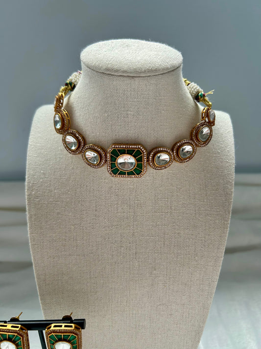 Emerald Green Moissanite Kundan Choker Set