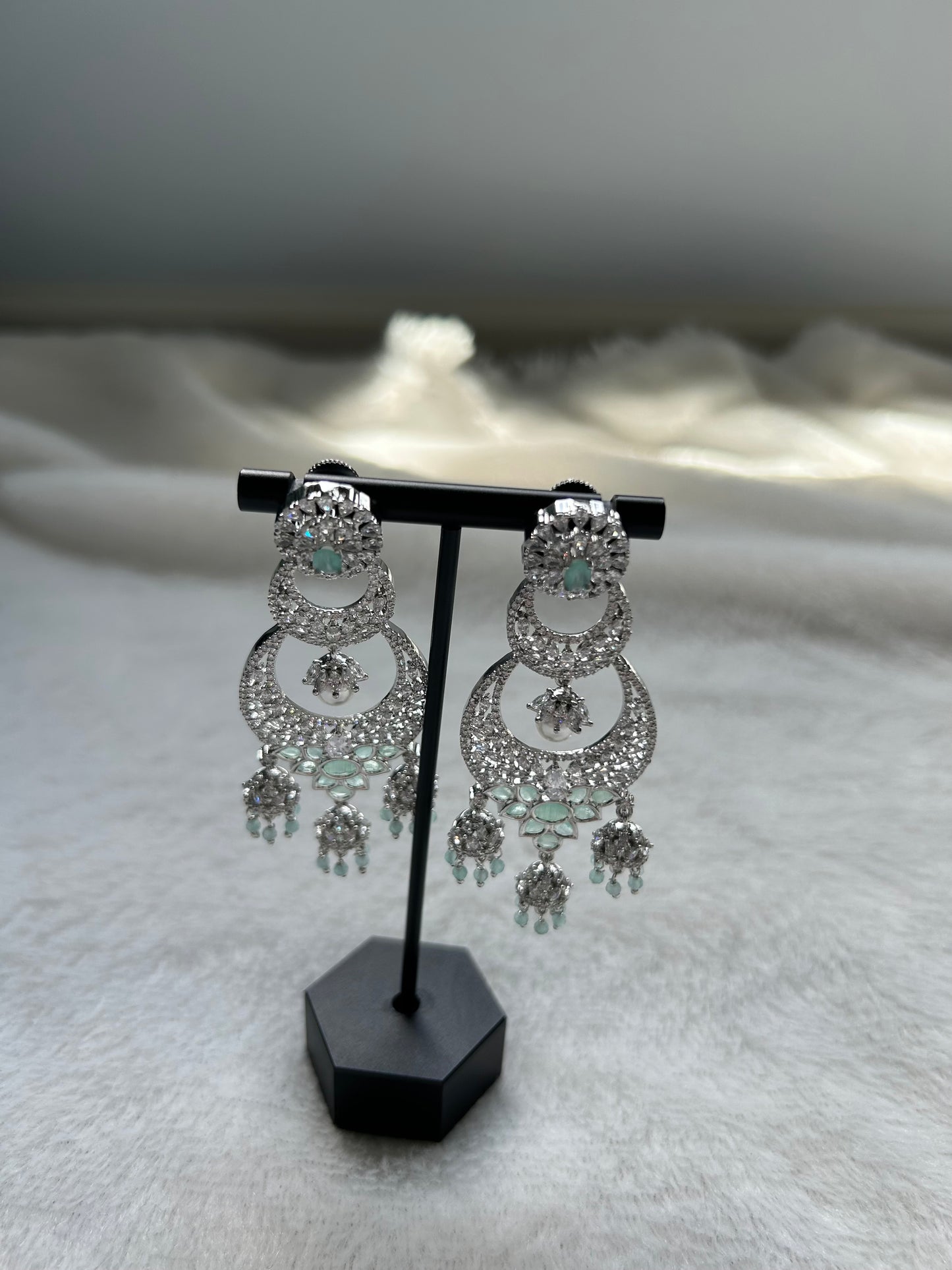 AD Mint Chandbali 3 Drop Jhumki Earrings