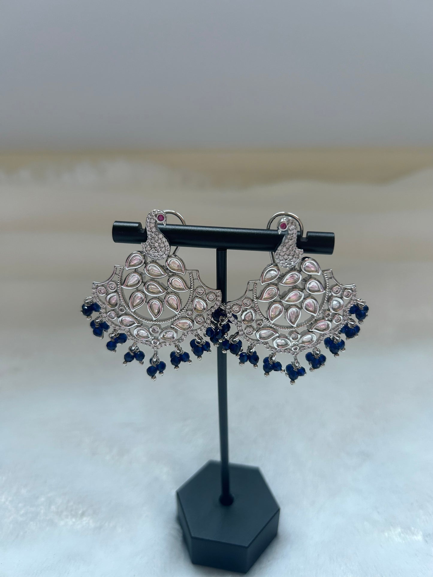 Dark Blue & Silver Uncut Kundan & AD Studs