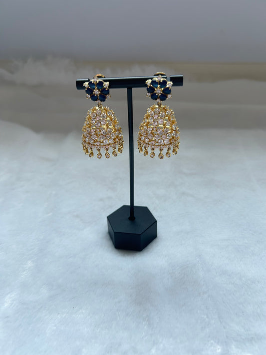 AD Navy Blue & Gold Jhumki Earrings
