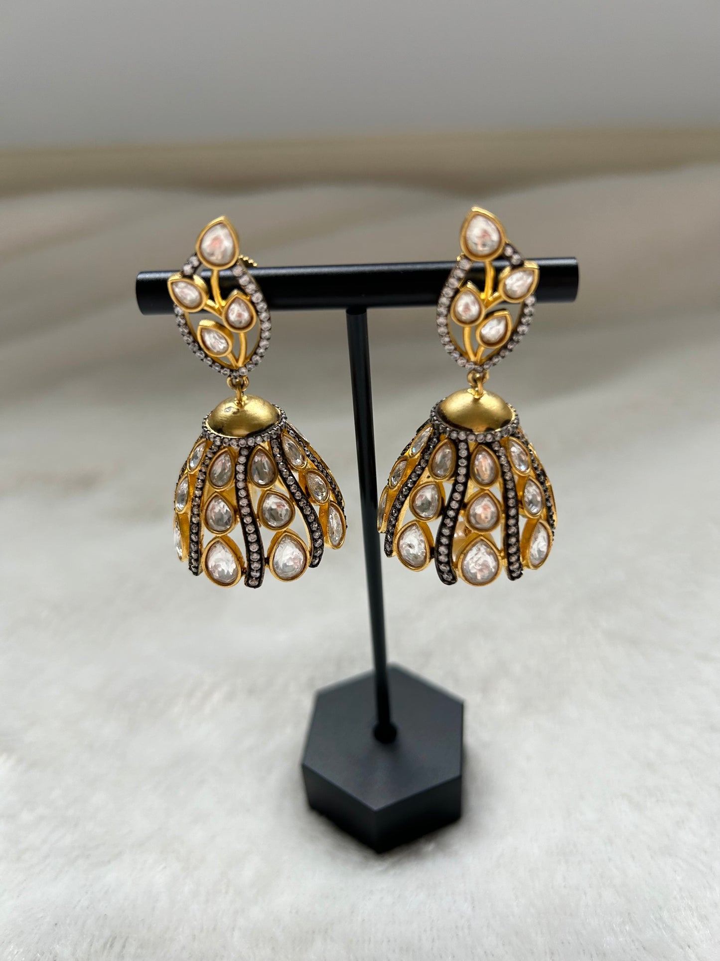 Gold & Black Uncut Kundan Jhumkis