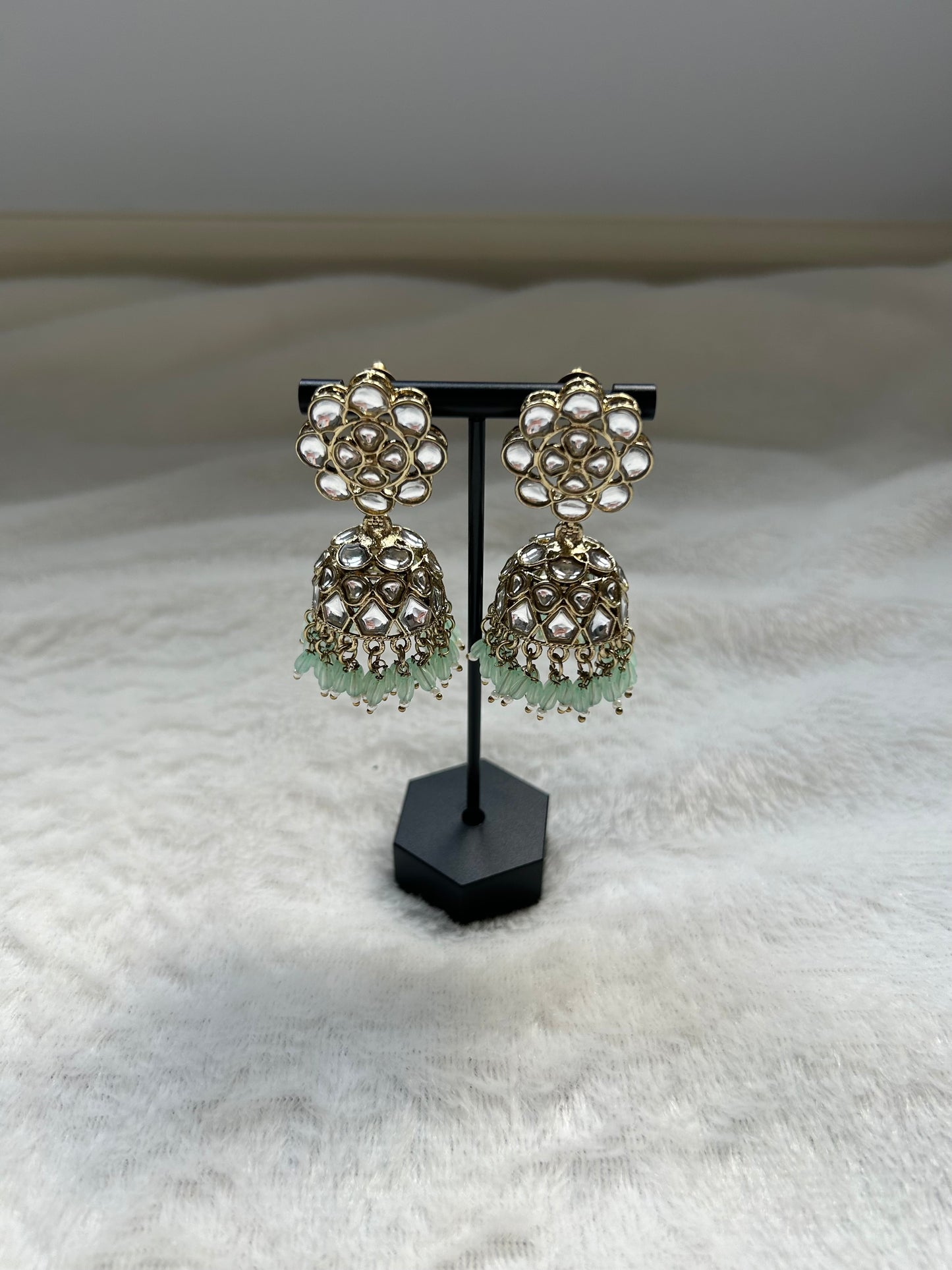 Mint Kundan Jhumka Earrings