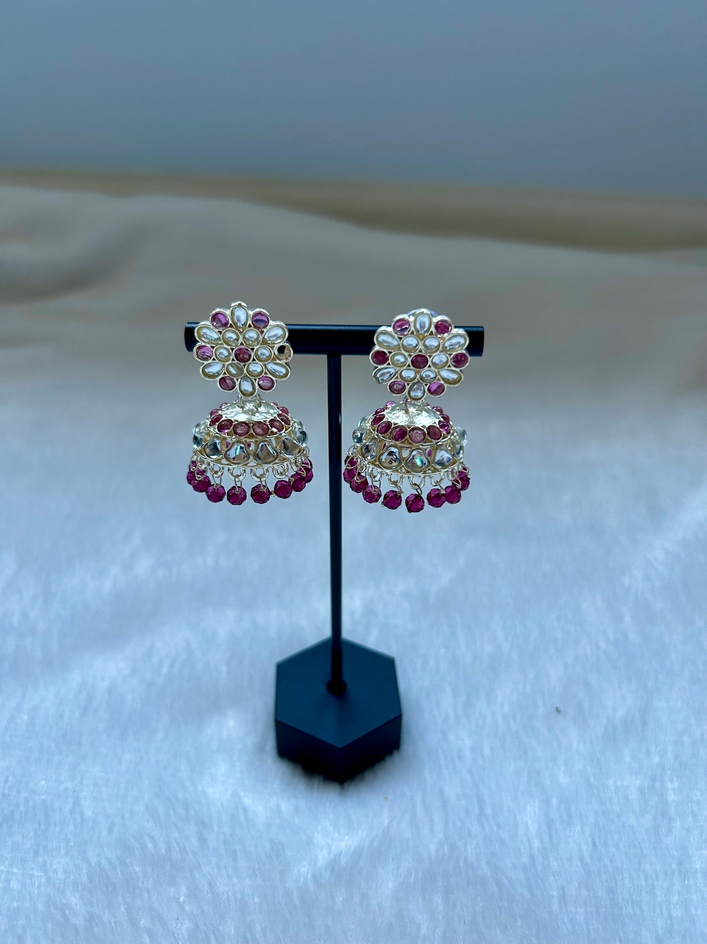 2 in 1 Hot Pink Kundan Waliyaan Jhumka Earrings