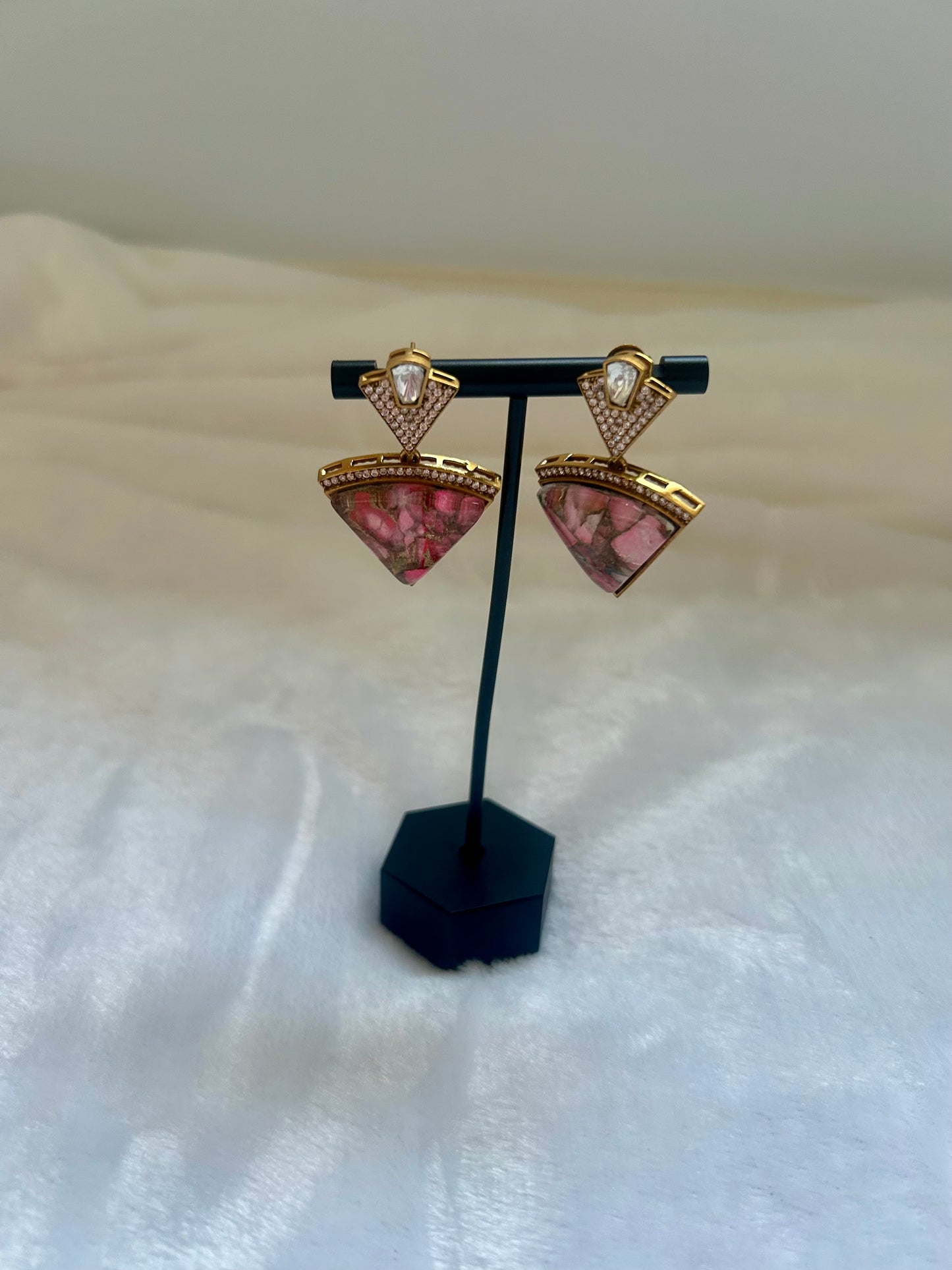 Pink Marble & Moissanite Kundan Earrings