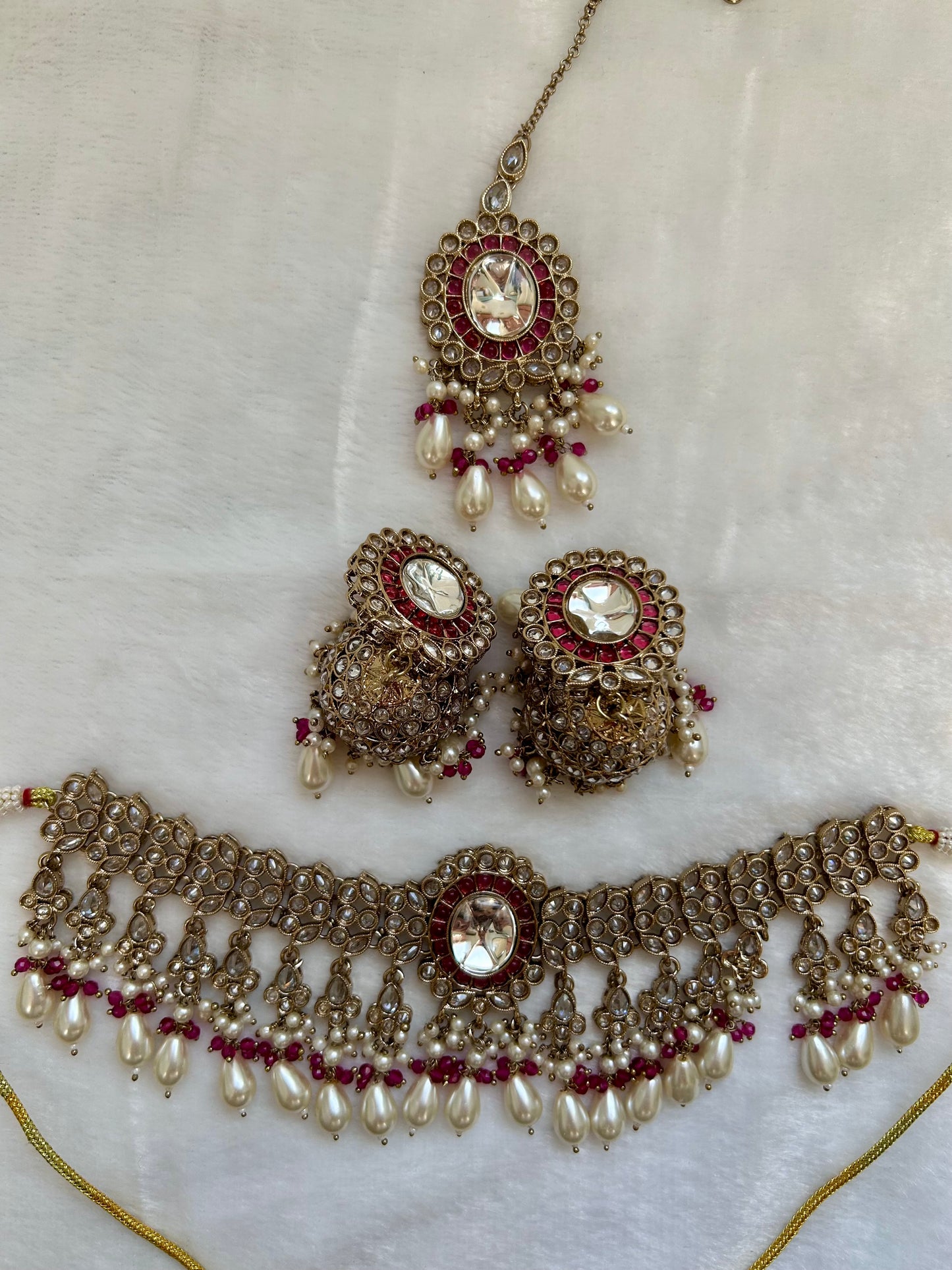 Dark Red/Pink Kundan Choker Tikka Set