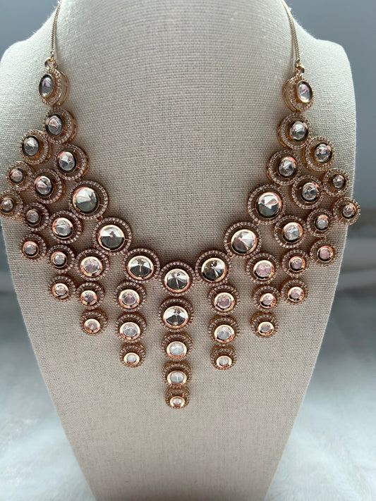 Rose Gold & White Moissanite Kundan Necklace Set
