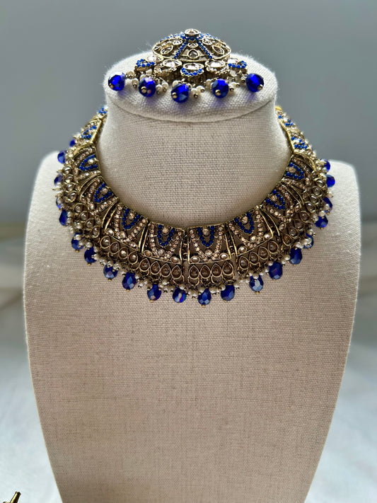 Blue Polki Choker Tikka Set