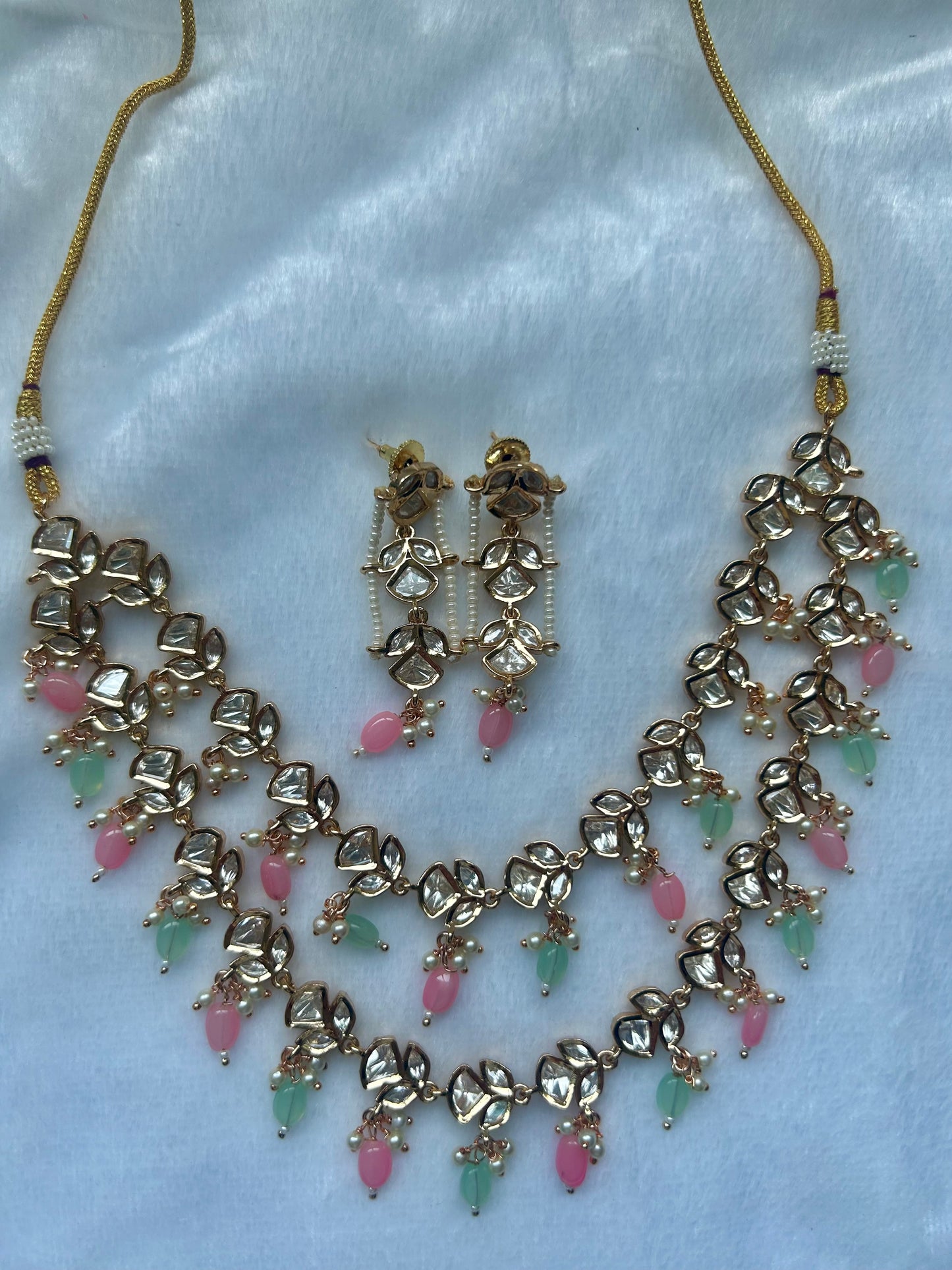 Tyaani Kundan Mint & Pink Two Layer Choker Set