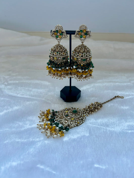 Yellow & Emerald Green Polki Tikka Set